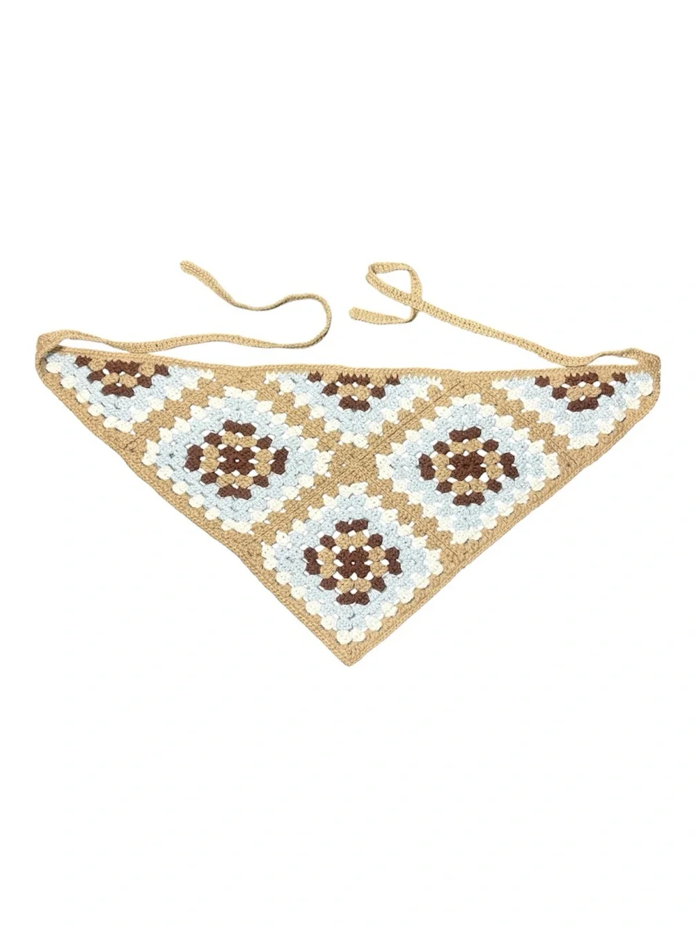 Crochet Triangle Bandana Scarf in Tan, Light Blue & Brown
